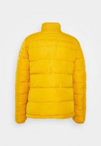 Žlutá prošívaná bunda s vysokým límcem, s vodorovným prošíváním, dlouhými rukávy a hladkou texturou látky. Zobrazen pohled zezadu.