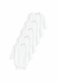 Bodysuits pour bébés à manches longues blancs, avec une texture côtelée, un col rond et une fermeture à pression au bas ; présentés en ensemble de cinq.