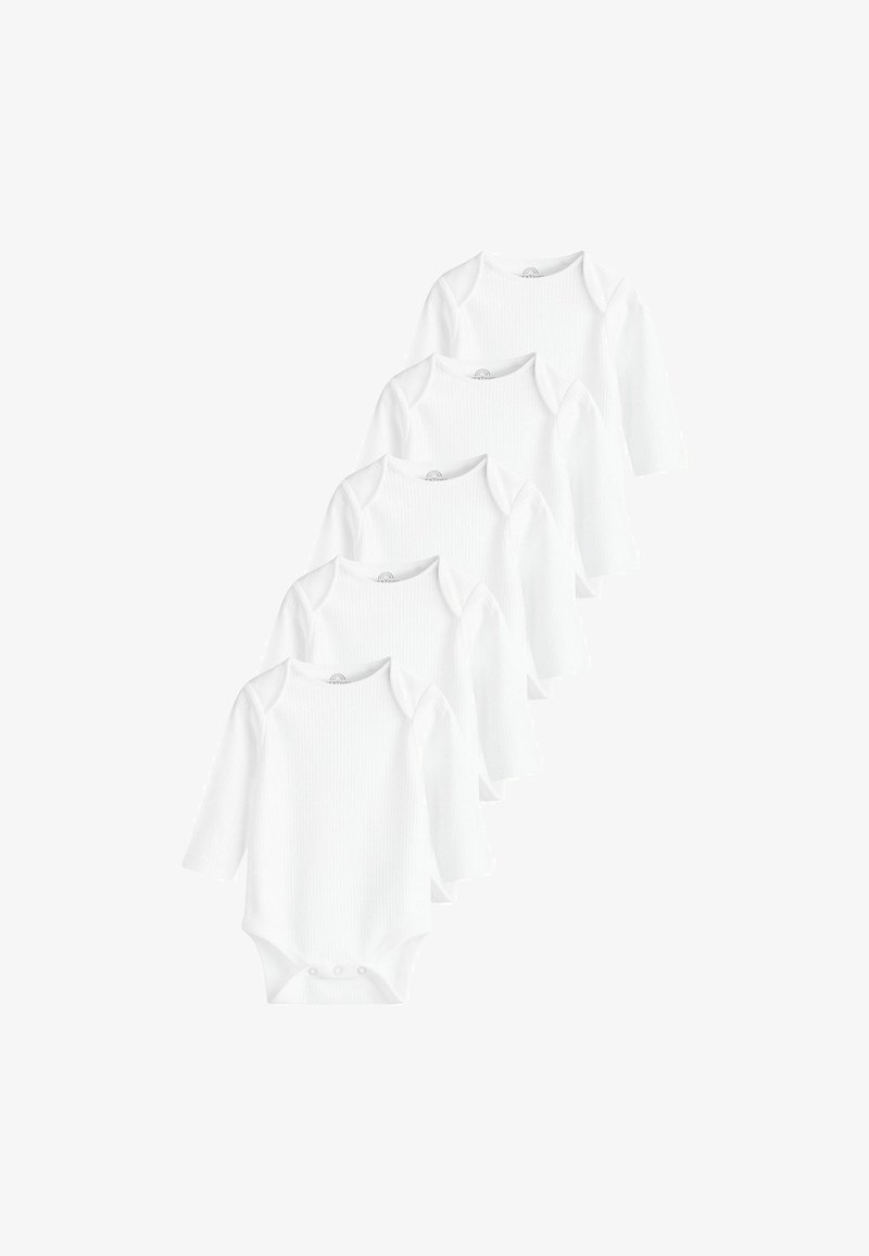 White long-sleeve baby bodysuits, with a ribbed texture, round neckline, and snap closure at the bottom; displayed in a set of five.