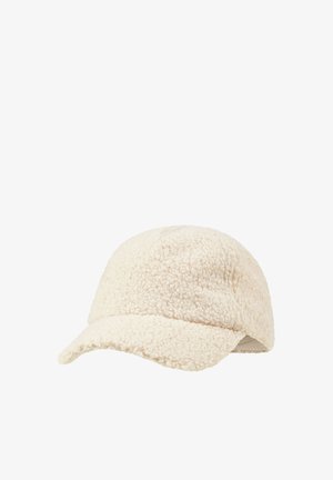 Cream-colored fleece baseball cap with a soft textured surface and curved brim, isolated on white background.