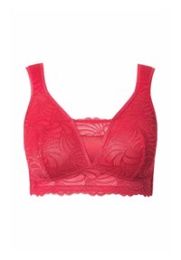 Punainen pitsinen bralette, jossa on V-aukko, leveät olkaimet ja aallotetut reunat. Pitsissä on kukkakuosi, pehmeä ja läpikuultava rakenne.