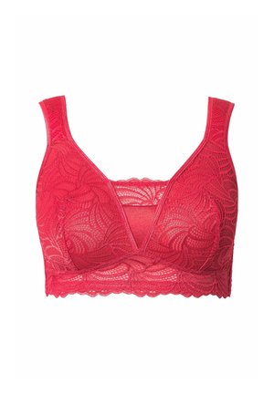 Rode kanten bralette met een V-hals ontwerp, brede bandjes en gegolfde randen. Het kant heeft een bloemmotief met een zachte, doorzichtige textuur.