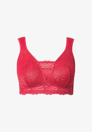 Bralette de encaje rojo con diseño de escote en V, tirantes anchos y bordes festoneados. El encaje presenta un patrón floral con una textura suave y translúcida.