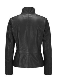 Schwarze Lederjacke mit elegantem Design, hohem Kragen und taillierter Silhouette. Glatte Textur, detaillierte Nähte und lange Ärmel.