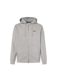 Sudadera gris con cremallera, hecha de una mezcla de algodón, que cuenta con una cremallera frontal, dos bolsillos laterales y un logo bordado en el lado izquierdo del pecho.