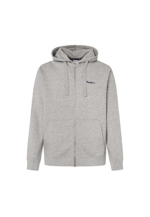 Siva zip-up kapuca iz mešanice bombaža, ki ima sprednji zadrgo, dva stranska žepa in logo izvezan na levem prsnem delu.