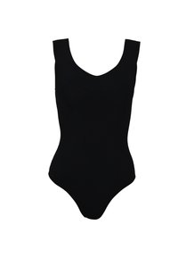 Black one-piece swimsuit with a scoop neckline, wide straps, and smooth texture. Classic design with no additional patterns or accents.