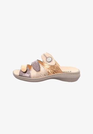 Slide sandal made of multi-toned metallic leather in gold, beige, and purple with three adjustable straps and a textured sole.