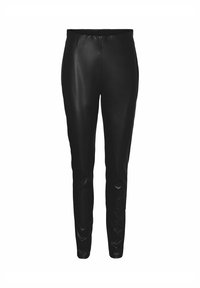 Pantalons en simili cuir noir au design ajusté, texture lisse et silhouette slim. Pas de poches visibles ni d'accents matériels.