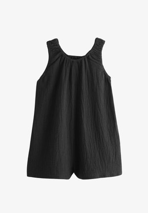 Czarny bezrękawnik o fakturze z marszczonym dekoltem i szerokimi nogawkami, odpowiedni do codziennego noszenia.