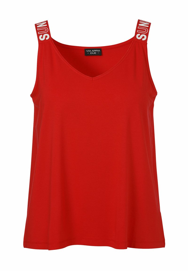 Rotes ärmelloses Tanktop mit V-Ausschnitt. Verfügt über breite Träger mit dem Text "SUN", aus weichem Material gefertigt und mit lockerer Passform.