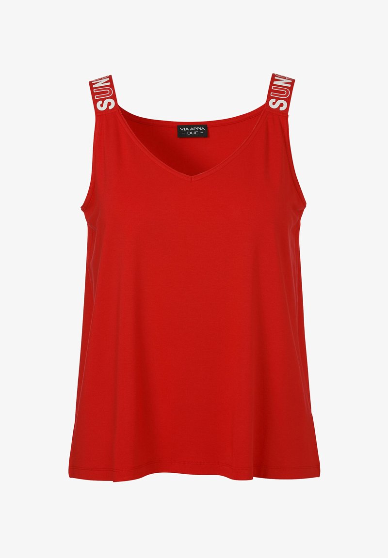 Débardeur rouge sans manches avec un décolleté en V. Doté de larges bretelles avec le texte "SUN", fabriqué en tissu doux et d'une coupe décontractée.
