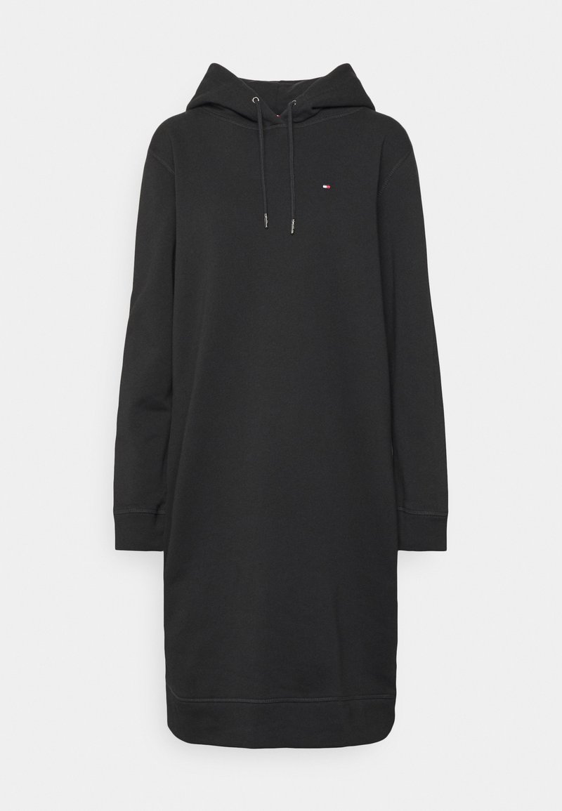 Robe sweat à capuche longue noire avec cordon de serrage, manches longues et petit logo sur le côté gauche de la poitrine.