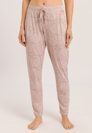 Leichte Schlafanzughose aus weichem beigefarbenem Stoff mit einem floralen Muster in Lila und Blau. Mit einem elastischen Bund und einer Kordel ausgestattet.