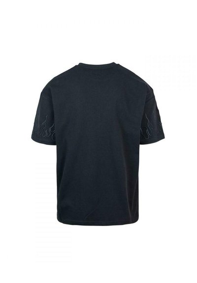 T-shirt in cotone nero con maniche corte, caratterizzato da ricami a motivo fiamma sulle maniche, scollo rotondo e una vestibilità comoda.
