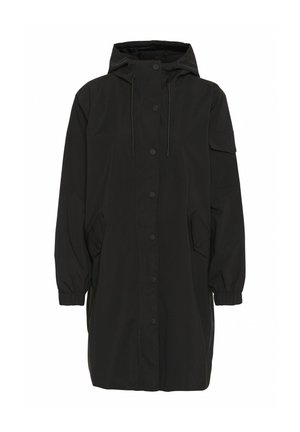 Manteau noir à capuche avec un devant boutonné, des poignets élastiques et des poches latérales. Fabriqué en tissu lisse, avec une coupe décontractée et un design minimaliste.