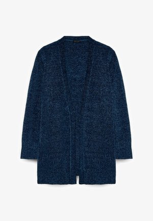 Marineblauer Cardigan mit offenem Vorderteil, gestrickter Textur, langen Ärmeln und gerippten Bündchen. Ohne Verschlüsse und mit einem gemütlichen, lässigen Design.