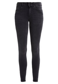 Jeans ajustados en denim gris oscuro, con un diseño clásico de cinco bolsillos, pasadores para cinturón y un cierre de cremallera con botón.