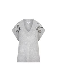 Lichtgrijs gebreid sweater met V-hals en korte mouwen, versierd met geborduurde bloemaccenten op de schouders in zilverkleurige materialen.