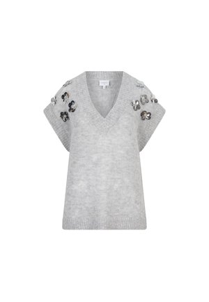 Lichtgrijs gebreid sweater met V-hals en korte mouwen, versierd met geborduurde bloemaccenten op de schouders in zilverkleurige materialen.