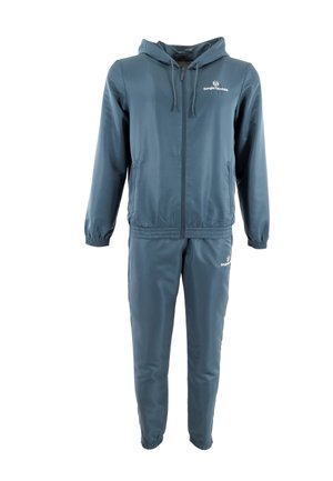 Treningsdrakt i mørk teal, laget av glatt stoff. Har en hettegenser med glidelås og bukser med elastisk liv, begge med logo-detaljer.