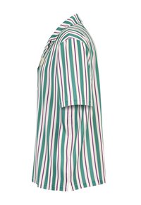 Korte mouw polo shirt met verticale strepen in teal, wit en paars; gemaakt van een lichtgewicht stof met een standaard kraag.
