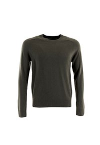 Maglione lavorato a maglia verde scuro, colletto rotondo, maniche lunghe, polsini e orlo a costine, texture liscia, design minimalista, senza pattern o accenti visibili.