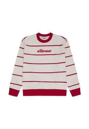 Άσπρο μακρυμάνικο φούτερ με κόκκινες οριζόντιες ρίγες, κόκκινο λαιμόκοψη, μανσέτες, τελείωμα και το λογότυπο «ellesse» στο κέντρο του στήθους.