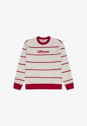Bel pulover z dolgimi rokavi z rdečimi vodoravnimi črtami, rdečim izrezom, manšetami, spodnjim robom in logotipom »ellesse« na sredini prsnega koša.