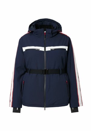 Donkerblauwe geïsoleerde jas met een capuchon, witte en rode strepen op de mouwen, een frontale rits, twee ritszakken op de borst en een zwarte riem.