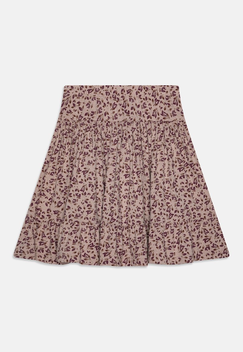 Blomsterskjørt med en samlet, lagdelt design. Laget av lett stoff i lys beige, med lilla blader og aksenter gjennom hele.