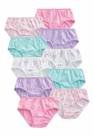 Diez bragas de algodón para niñas en colores rosa, morado, verde azulado y blanco, con lazos, corazones y patrones de lunares, dispuestas en dos columnas.