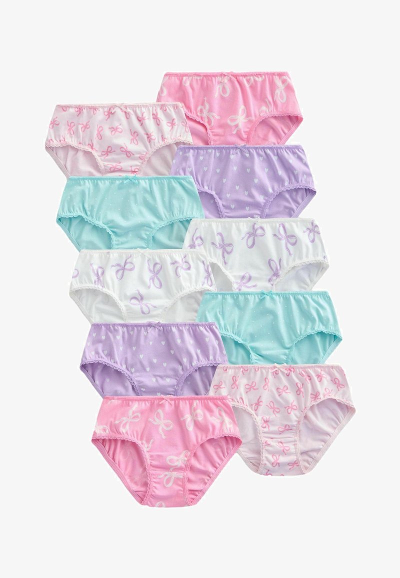 Dix culottes en coton pour filles, en rose, violet, bleu sarcelle et blanc, avec des nœuds, des cœurs et des motifs à pois, disposées en deux colonnes.