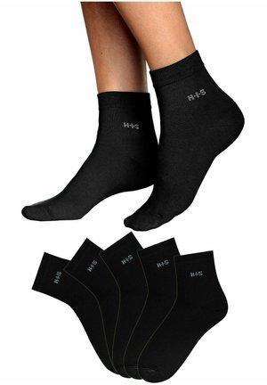 Black ankle socks made of soft material. Features include a ribbed cuff and printed logo "H•S" in gray. Five pairs displayed.