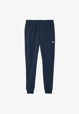 Navy blauwe joggingsbroek met een elastische tailleband, ritszakken aan de zijkant, geribde boorden en een klein wit logo op de bovenbenen.
