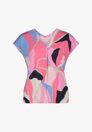 Kortærmet top med V-hals, lavet af letvægtsstof med et flerfarvet abstrakt mønster i pink, blå, sort og cremefarver.
