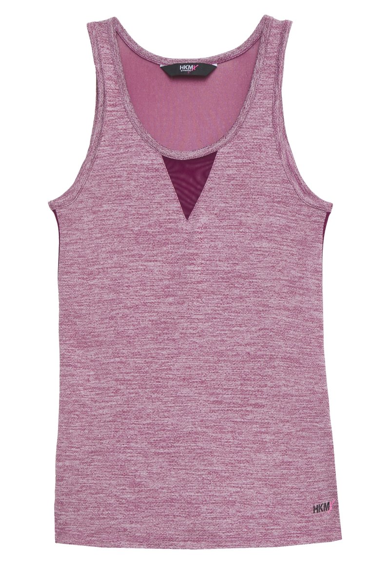 Top bez rukávů v bordó odstínu Melange s výstřihem do tvaru lodičky, širokými ramínky a trojúhelníkovým síťovým výstřihem na hrudi, vyrobený z měkké, pružné látky.