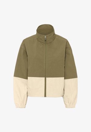 Hele khaki ja beež värviplokkidega jope, ees täispikk lukk, kõrge krae ja elastsed mansetid.