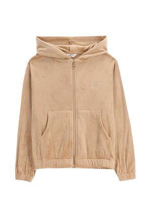 Beżowy polarowy zamek z kapturem, dwoma przednimi kieszeniami i ściśniętymi mankietami. Ma wyhaftowany napis "COSY CLUB" na klatce piersiowej.