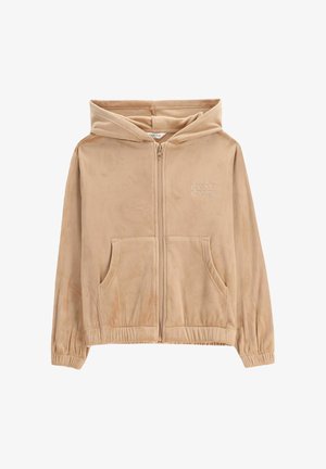 Beżowy polarowy zamek z kapturem, dwoma przednimi kieszeniami i ściśniętymi mankietami. Ma wyhaftowany napis "COSY CLUB" na klatce piersiowej.