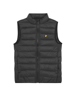 Gilet matelassé noir avec un col montant, fermeture zippée à l'avant et design matelassé horizontal. Présente un petit logo jaune sur la poitrine.