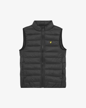 Μαύρο γιλέκο με φούτερ, ψηλό κολάρο, μπροστινή κλείσιμο με φερμουάρ και οριζόντια ραφή. Διαθέτει ένα μικρό κίτρινο λογότυπο στο στήθος.