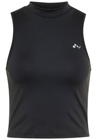 Haut noir sans manches à col montant, en tissu lisse. Présente un petit logo argenté discret sur le côté gauche de la poitrine.