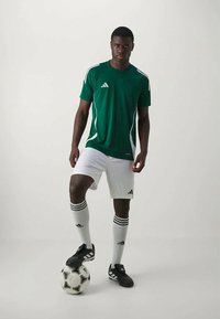 Zaļš Adidas krekls ar baltām akcentiem, baltas šortus, melnas futbola kurpes un ceļgalu augstumā baltas zeķes ar melnām svītrām, stāvot blakus futbola bumbai.