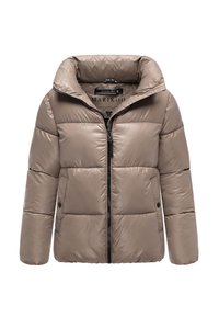 Beige pufferjacka med hög krage, slitstark ytterskal, frontdragkedja och två sidofickor. Har en quiltad design och svarta detaljer.