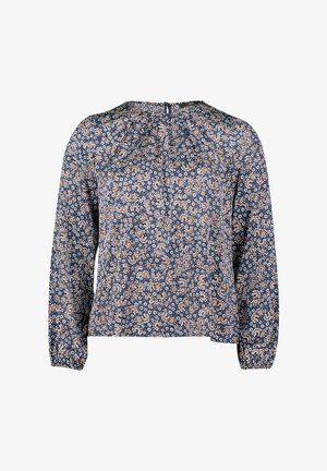 Marineblomstret bluse med lange ærmer, rund halsudskæring og lukning i ryggen. Har små hvide og orange blomster mønstre på blødt stof.