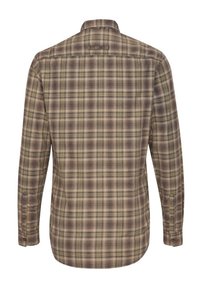 Brun och grön rutig långärmad skjorta med button-down krage och enkla knappmanchetter; texturerad tyg med en slät yta.