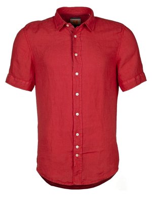 Rode shirt met korte mouwen van linnen, met een button-down kraag, knopen aan de voorkant en een licht gebogen zoom.