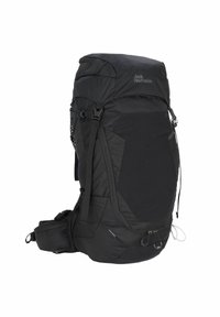 Mochila negra fabricada con material duradero, con correas ajustables, una solapa superior, múltiples bolsillos y acentos reflectantes para mayor visibilidad.