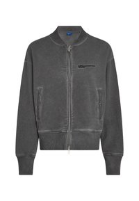 Chaqueta bomber gris hecha de tela suave, con cierre de cremallera, bolsillos laterales, puños acanalados y logo bordado en el pecho.